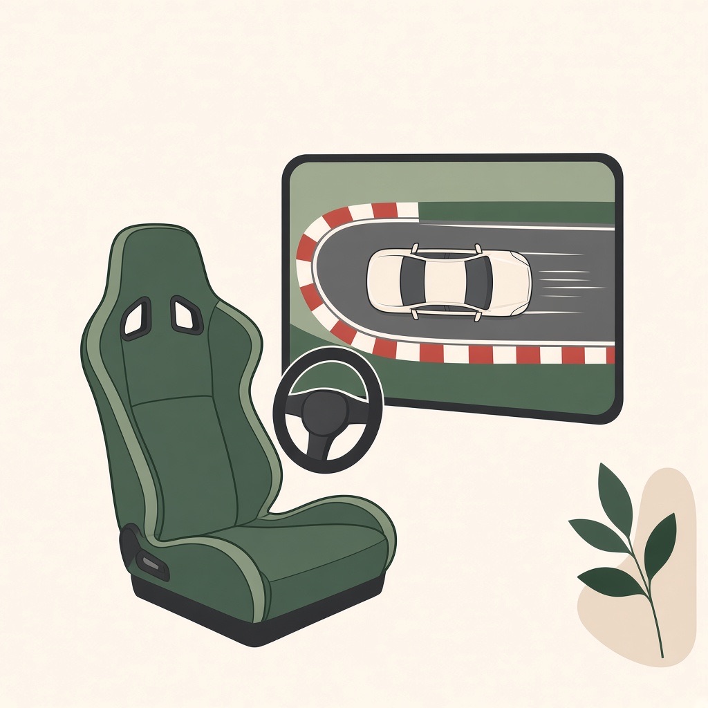 イラスト。バケットシートと、サーキットを走る画面のシミュレーター